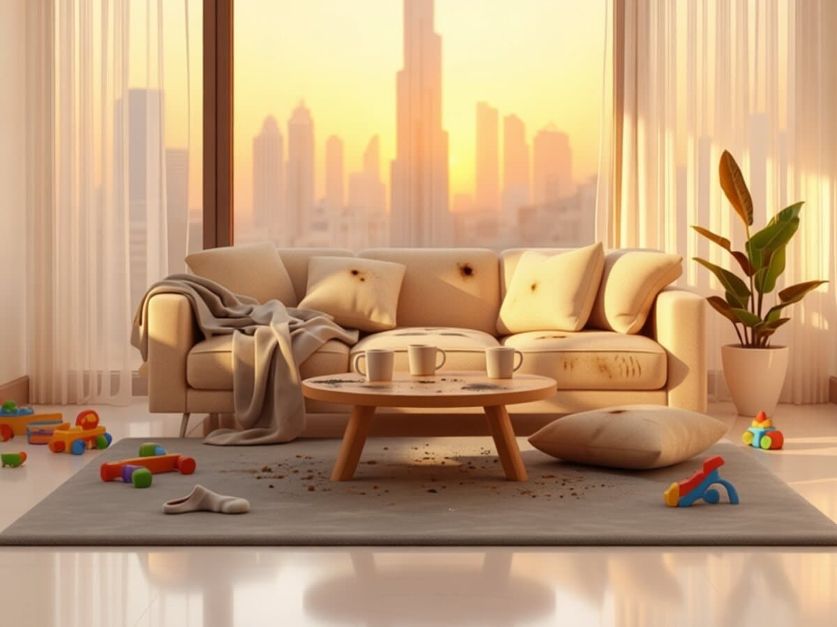 Before: Living room with a Dubai skyline view, untidy and then deep cleaned